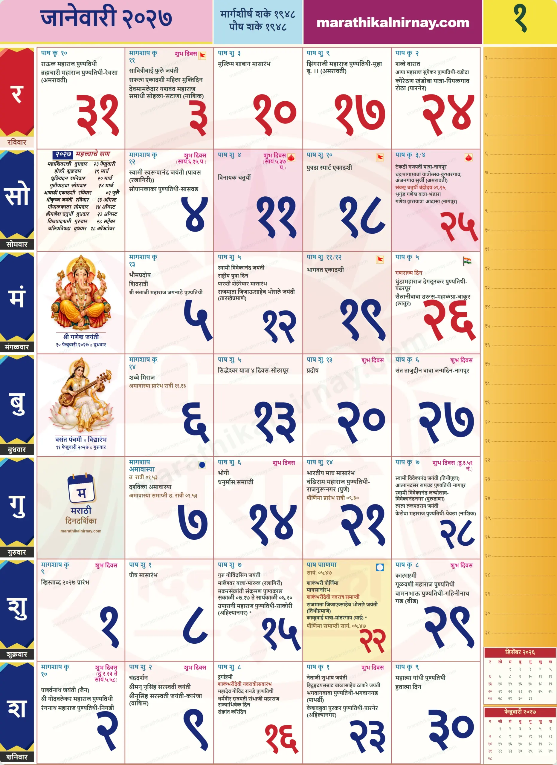 January 2027 Marathi calendar showing daily dates, festivals and Panchang